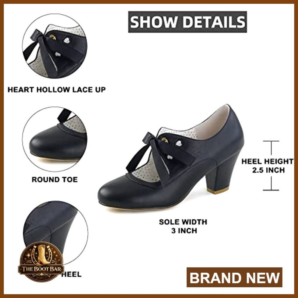 Chunky Block Heel Mary Jane Pumps with Lace Up Closure Round Toe - Picture 6 of 7